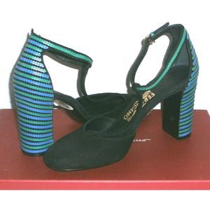 Salvatore Ferragamo Fergie T-Strap Suede Pumps 7.5